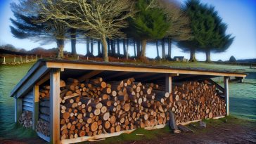 Un abri extérieur rempli de bûches de bois soigneusement empilées.