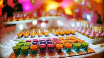 Un assortiment de verrines colorées et appétissantes disposées sur une table de fête.