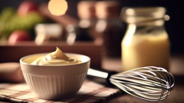 Un bol de mayonnaise maison crémeuse avec un fouet à côté sur une table de cuisine.