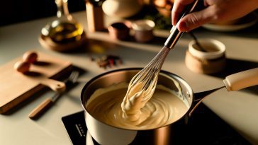 Une casserole de sauce béchamel crémeuse en train d'être fouettée.