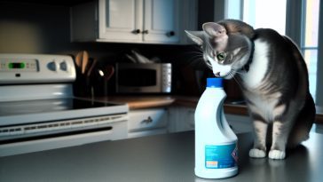 Un chat curieux reniflant une bouteille d'eau de javel laissée ouverte.