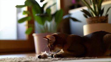 Un chat qui joue avec un jouet pour chat, avec des plantes en arrière-plan.