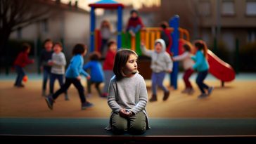 Une enfant assise seule dans une cour de récréation, regardant d'autres enfants jouer ensemble au loin.