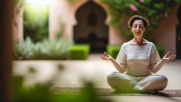 Une femme assise en position de lotus, les yeux fermés, exprimant la sérénité et la paix intérieure.