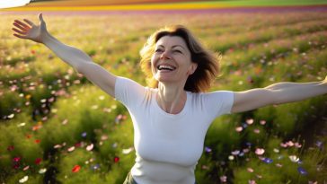 Une femme souriante, les bras ouverts vers le ciel dans un champ de fleurs.