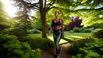 Une femme en tenue de sport en train de marcher dans un parc verdoyant.