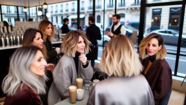 Un groupe de femmes présentant diverses coupes de cheveux mi-long dégradé, reflétant des styles modernes et tendances.