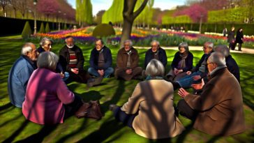 Un groupe de personnes âgées, assises en cercle, en pleine discussion dans un parc.