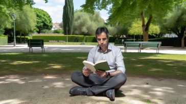 Une personne seule, assise dans un parc, absorbée par la lecture d'un livre.