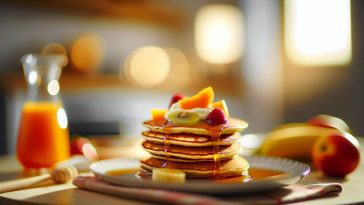 Une pile de pancakes dorés sur une assiette, garnis de sirop et de fruits frais.