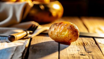 Une pomme de terre dorée et croustillante sortie tout droit du four, servie sur une assiette rustique.