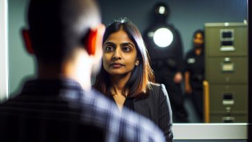 Une profileuse professionnelle en train d'observer attentivement une autre personne à travers une vitre sans tain.