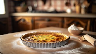 Une quiche lorraine maison, fraîchement sortie du four, présentée sur une table de cuisine.