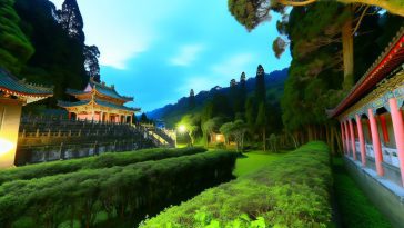 Un temple ancien chinois dans un paysage paisible et harmonieux.