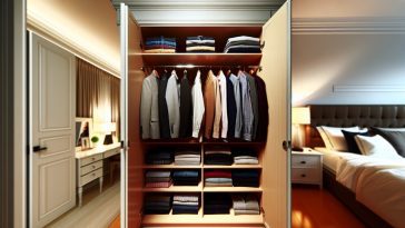 Une armoire ouverte montrant dix pièces de vêtements masculins soigneusement rangées.