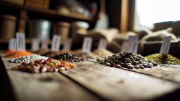 Un assortiment de graines de légumes prêtes à être semées sur une table en bois.