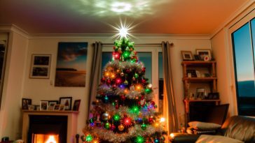 Un beau sapin de Noël illuminé et décoré avec des boules colorées, des guirlandes et une étoile au sommet.