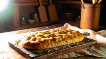 Une belle focaccia italienne fraîchement cuite, dorée et croustillante, garnie de romarin et de sel de mer, servie sur une planche à découper en bois rustique.
