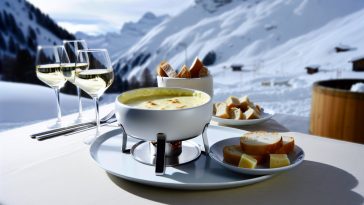 Un caquelon de fondue savoyarde sur une table, entouré de petits morceaux de pain et de verres de vin blanc, avec un arrière-plan de montagnes enneigées.