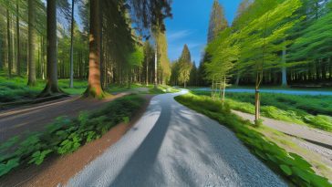 Un chemin sinueux à travers une forêt paisible symbolisant la quête de sens et de direction dans la vie.