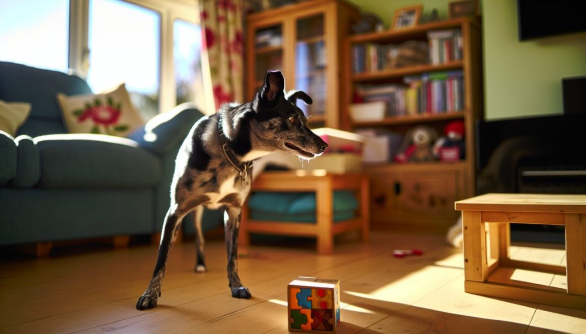 Un chien en train de réaliser un exercice de stimulation mentale, comme par exemple, chercher un jouet caché ou résoudre un puzzle pour chiens.
