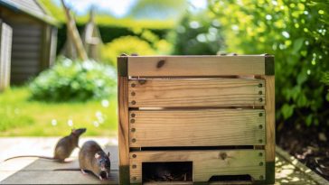 Un composteur en bois dans un jardin avec des rats visibles à proximité.
