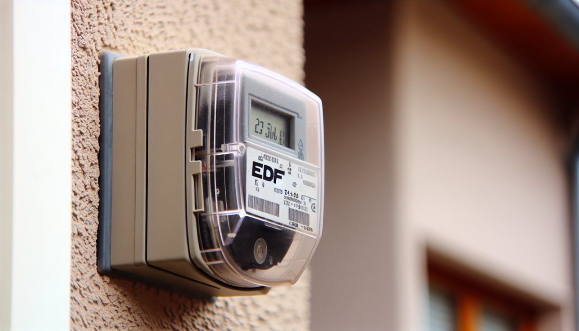 Un compteur électrique EDF sur un mur de maison.