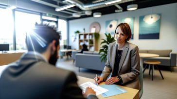 Un conseiller de Pôle Emploi en train de discuter avec une personne à la recherche d'emploi dans un bureau.
