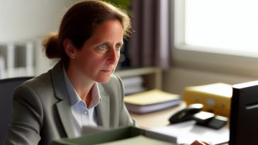 Une employée de la caisse d'allocations familiales concentrée sur son travail devant son ordinateur dans son bureau.
