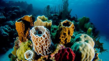 Des éponges marines de différentes formes et couleurs dans leur habitat naturel sous l'eau.