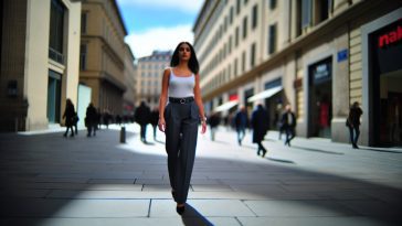Une femme confiante marchant dans la rue, portant un pantalon élégant.