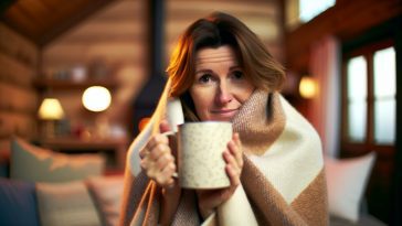 Une femme emmitouflée dans une couverture, frissonnant malgré une tasse de boisson chaude à la main.