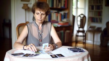 Une femme mature, assise à une table ornée d'une nappe blanche, étalant avec soin les cartes du Tarot de Marseille.