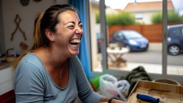 Une femme riant tout en ayant une expression sarcastique sur son visage.