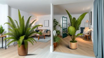 Une fougère de Boston luxuriante à côté d'un palmier d'Areca dans un intérieur bien éclairé.