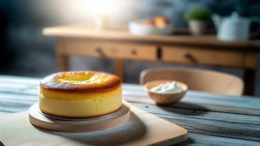 Un gâteau au yaourt moelleux et doré, posé sur une table de cuisine.
