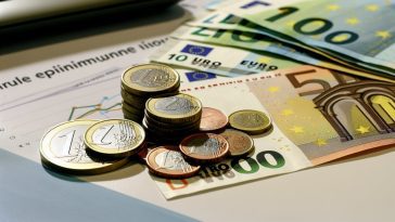 Un gros plan sur des pièces de monnaie et des billets d'euros, symbolisant l'économie française et l'augmentation du SMIC.