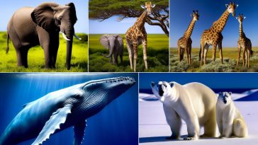 Un groupe de divers animaux de grande taille, tels qu'un éléphant, une girafe, une baleine bleue et un ours polaire, dans leur environnement naturel.
