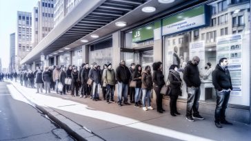 Un groupe de personnes faisant la queue devant un bureau de l'emploi.