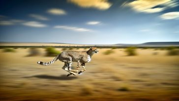 Un guépard en pleine course dans la savane, capturé dans un mouvement dynamique.