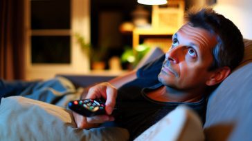 Un homme allongé sur un canapé, zappeur en main, les yeux fixés sur un écran de télévision.