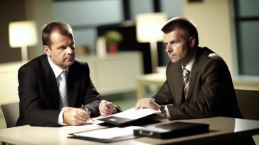 Un homme et une femme discutant sérieusement de documents financiers à une table.