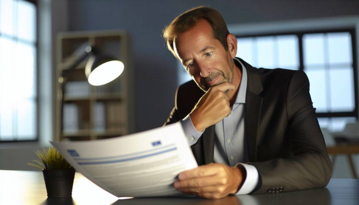 Un homme regardant pensivement des documents d'assurance sur sa table.