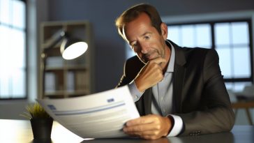 Un homme regardant pensivement des documents d'assurance sur sa table.
