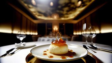 Un île flottante garnie de caramel servi dans une assiette élégante.