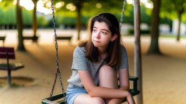 Une jeune femme assise seule sur une balançoire, regardant pensivement au loin.