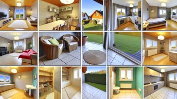 Une maison confortable avec différentes pièces visibles, comme le salon, la cuisine, la chambre à coucher, et la salle de bains.