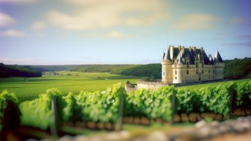 Un panorama magnifique d'un château médiéval niché au cœur des vignobles luxuriants du Centre-Val de Loire.
