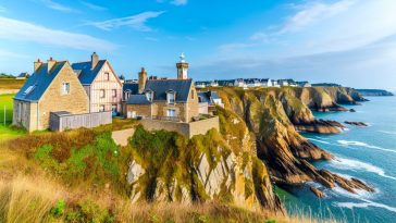 Un panorama de la côte bretonne avec ses falaises, son phare et ses maisons typiques.