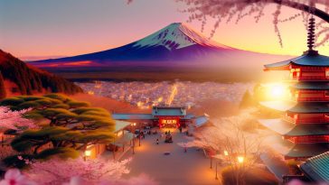 Un panorama du Mont Fuji, un temple traditionnel japonais, des cerisiers en fleurs, une rue animée de Tokyo et une démonstration de cérémonie du thé.